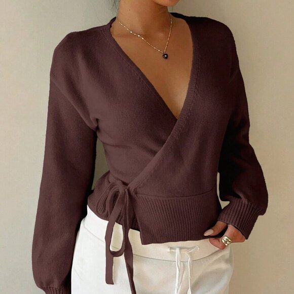 Chocolate Brown Casual Women's Wrap Tie Front Cardigan - Picture 6 of 7